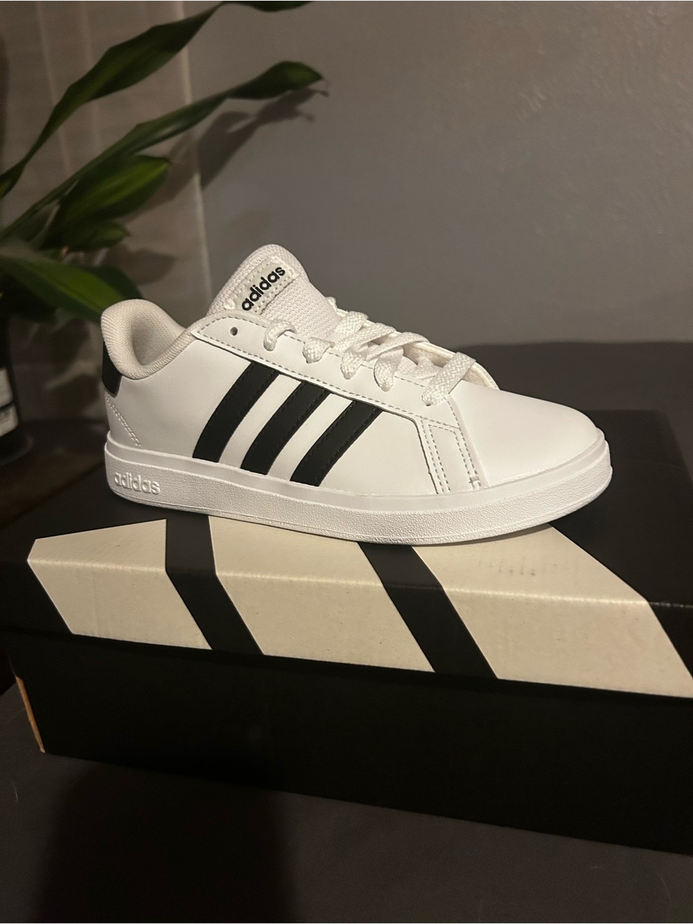 adidas Kids White Sneakers with Black Stripes